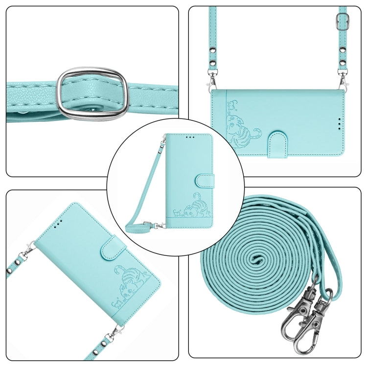 For Honor X9b 5G Global Cat Rat Embossed Pattern RFID Leather Phone Case with Lanyard(Mint Green)