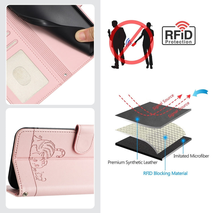 For Honor X9b 5G Global Cat Rat Embossed Pattern RFID Leather Phone Case with Lanyard(Pink)
