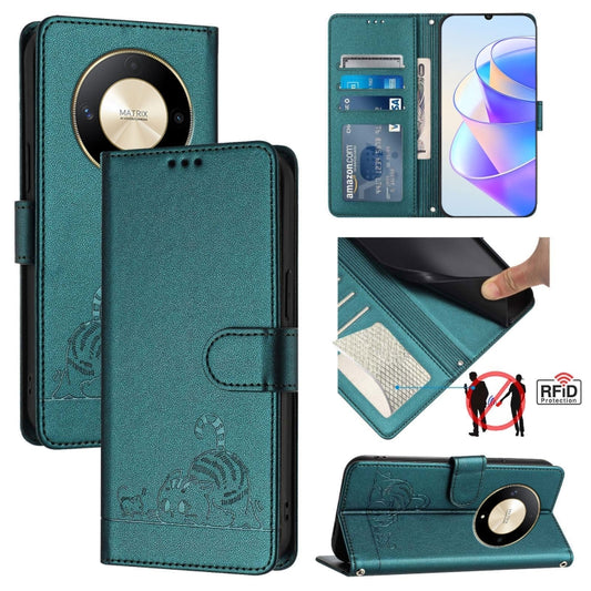 For Honor X9b 5G Global Cat Rat Embossed Pattern RFID Leather Phone Case with Lanyard(Peacock Green)