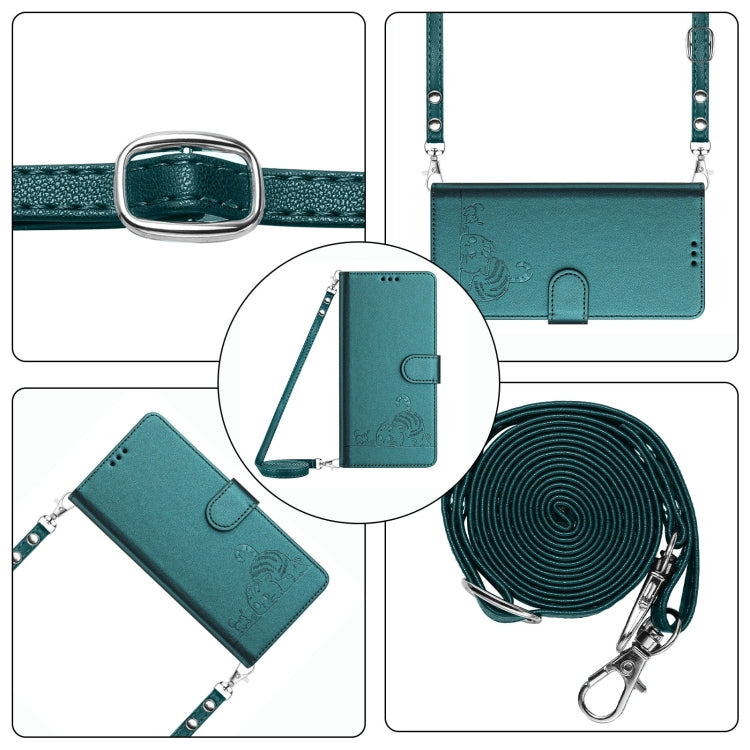 For Honor X9b 5G Global Cat Rat Embossed Pattern RFID Leather Phone Case with Lanyard(Peacock Green)