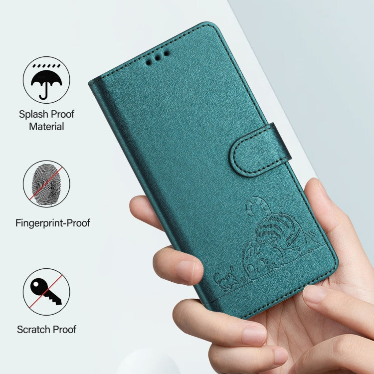 For Honor X9b 5G Global Cat Rat Embossed Pattern RFID Leather Phone Case with Lanyard(Peacock Green)