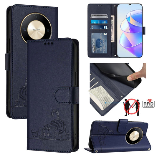 For Honor X9b 5G Global Cat Rat Embossed Pattern RFID Leather Phone Case with Lanyard(Blue)