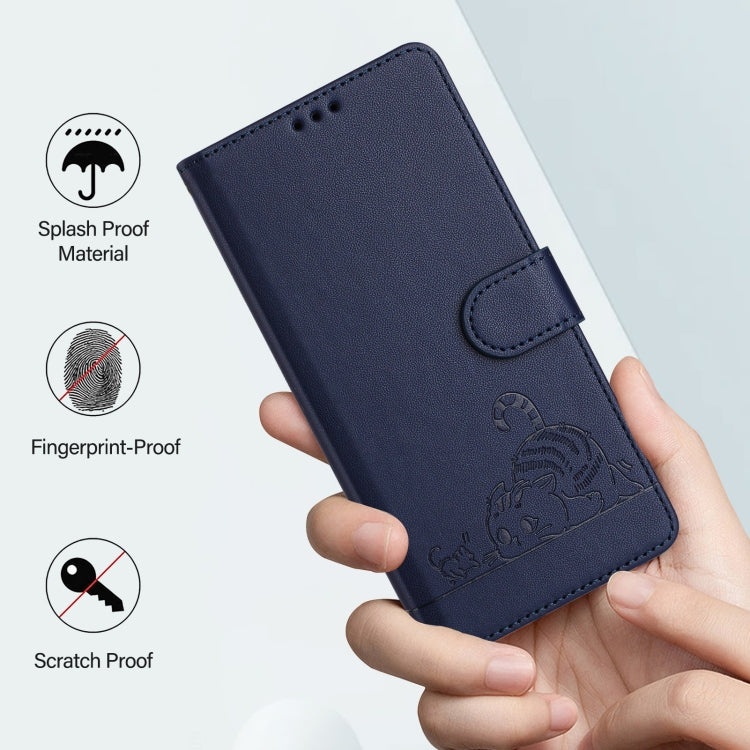 For Honor X9b 5G Global Cat Rat Embossed Pattern RFID Leather Phone Case with Lanyard(Blue)