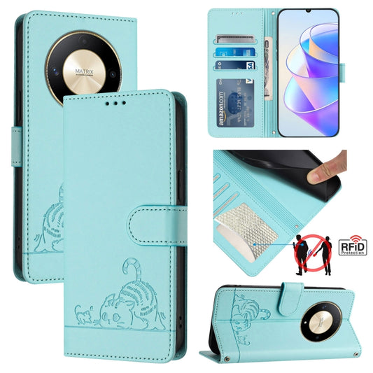For Honor Magic6 Lite 5G Global Cat Rat Embossed Pattern RFID Leather Phone Case with Lanyard(Mint Green)