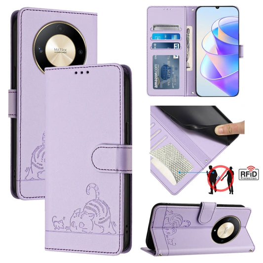 For Honor Magic6 Lite 5G Global Cat Rat Embossed Pattern RFID Leather Phone Case with Lanyard(Purple)