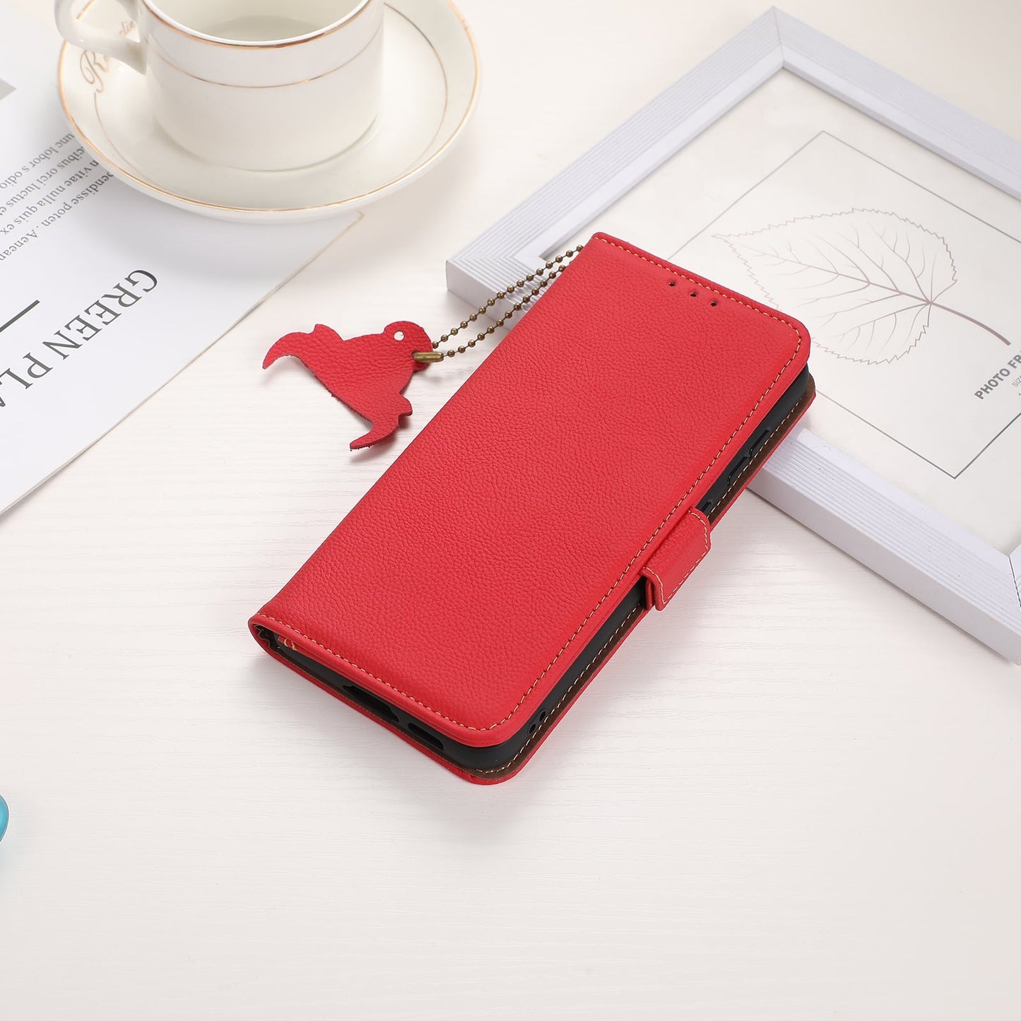 For iPhone 16e Side-Magnetic TJ Genuine Leather RFID Phone Case(Red)