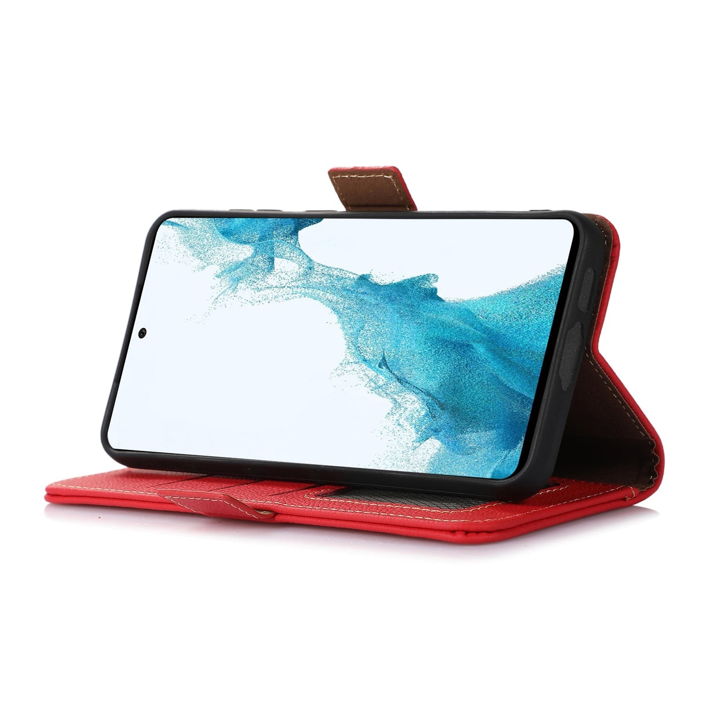For iPhone 16e Side-Magnetic TJ Genuine Leather RFID Phone Case(Red)