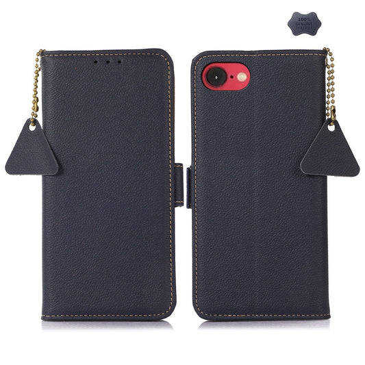 For iPhone 16e Side-Magnetic TJ Genuine Leather RFID Phone Case(Blue)