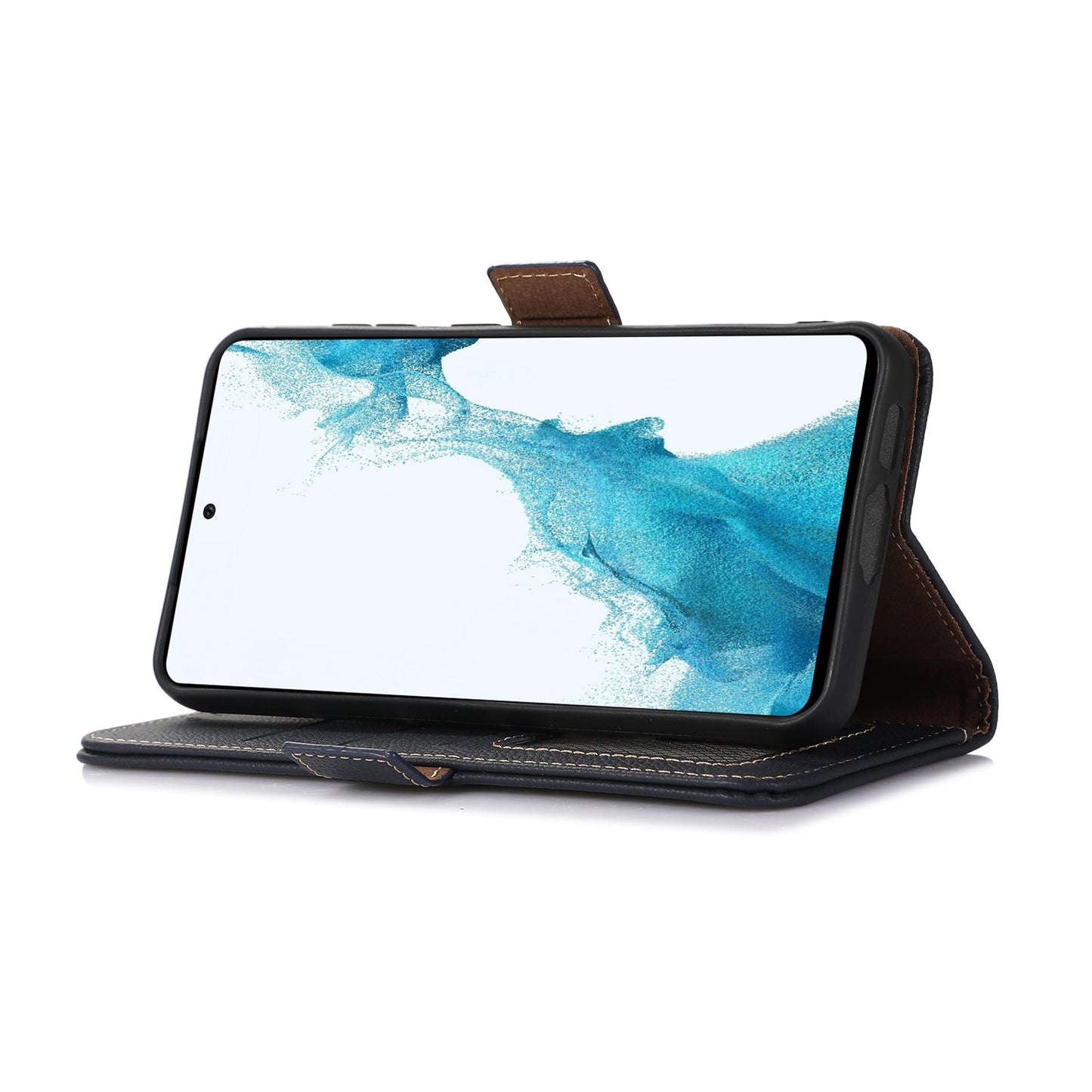 For iPhone 16e Side-Magnetic TJ Genuine Leather RFID Phone Case(Blue)