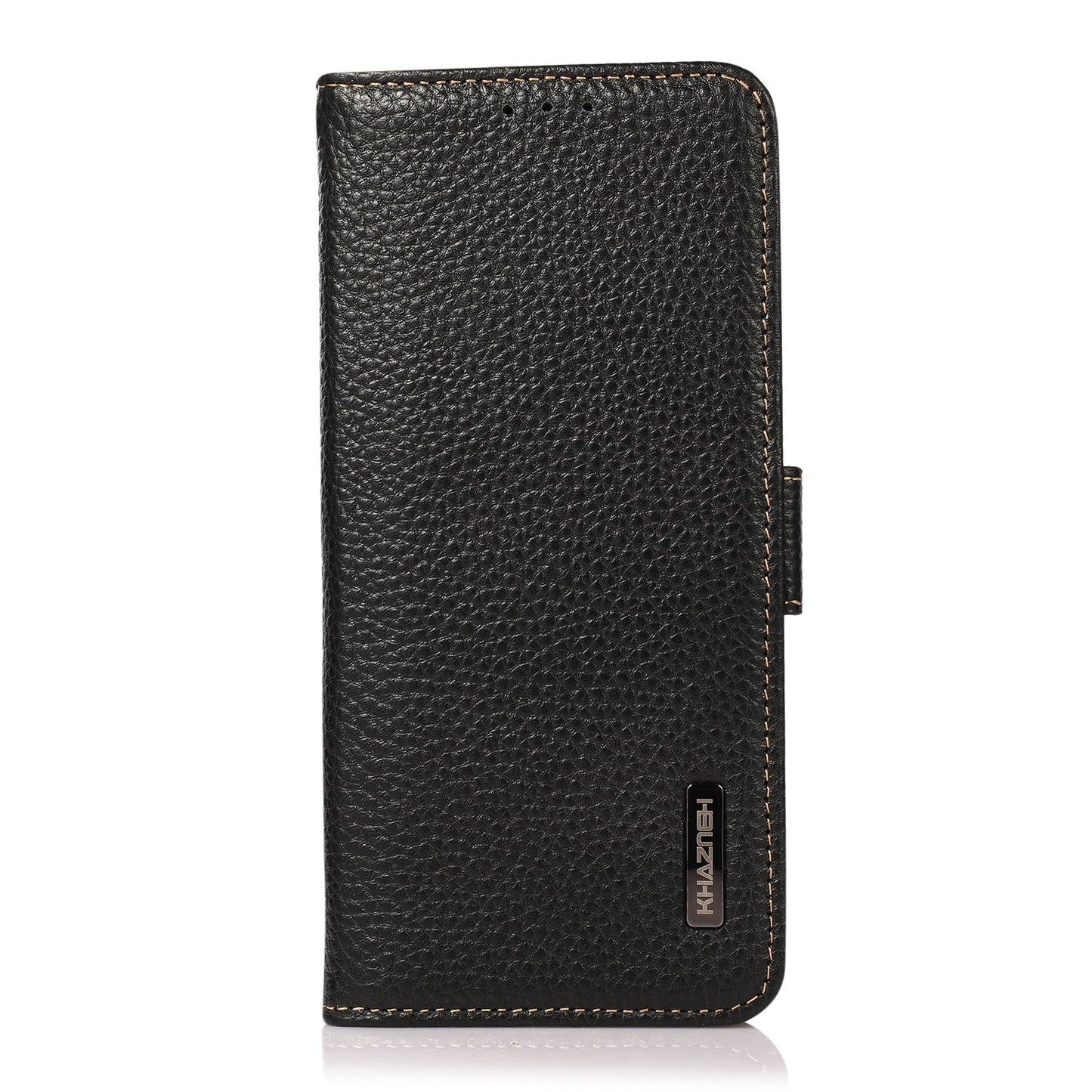 For iPhone 16e KHAZNEH Side-Magnetic Litchi Genuine Leather RFID Case(Black)