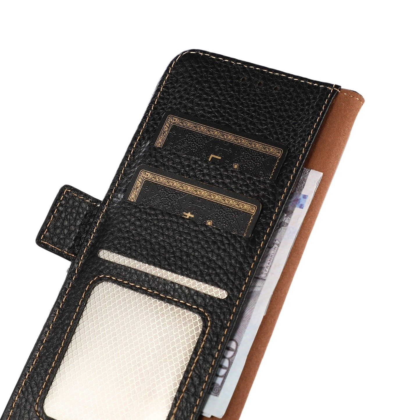 For iPhone 16e KHAZNEH Side-Magnetic Litchi Genuine Leather RFID Case(Black)