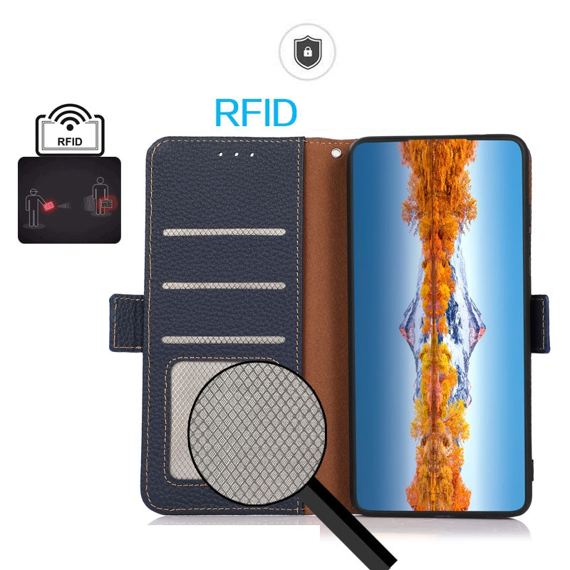 For iPhone 16e KHAZNEH Side-Magnetic Litchi Genuine Leather RFID Case(Blue)
