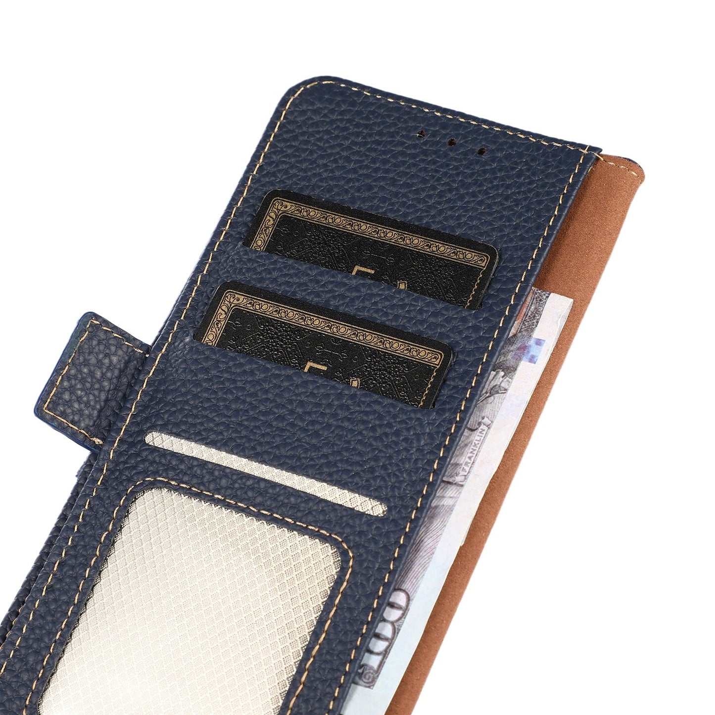 For iPhone 16e KHAZNEH Side-Magnetic Litchi Genuine Leather RFID Case(Blue)