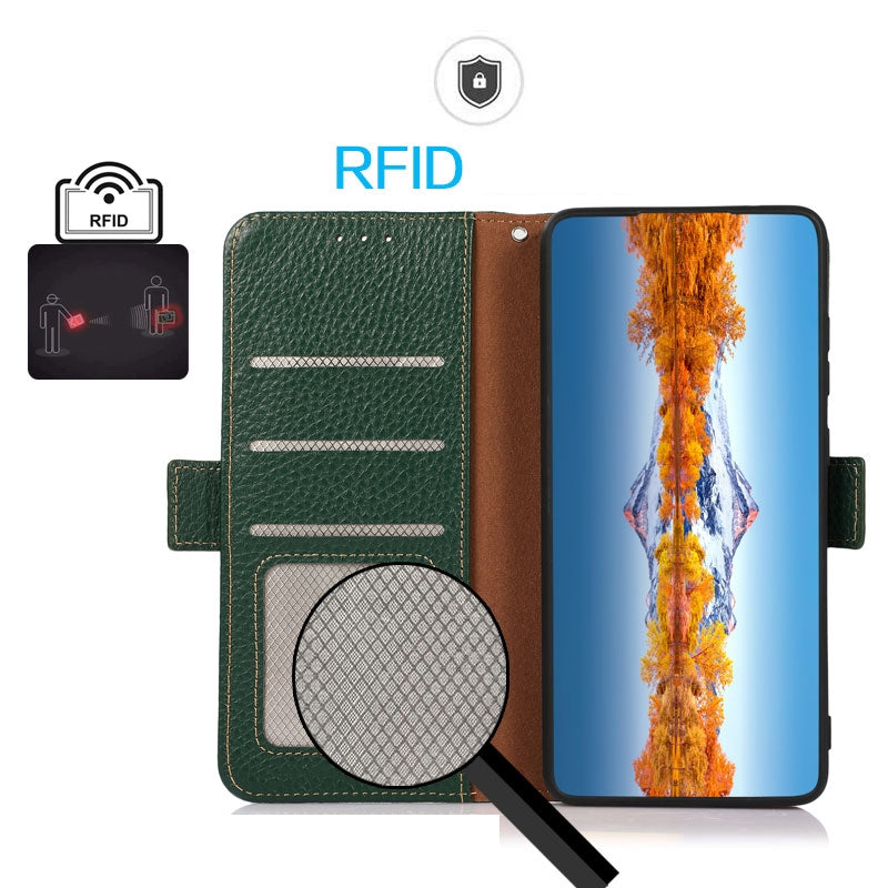 For iPhone 16e KHAZNEH Side-Magnetic Litchi Genuine Leather RFID Case(Green)