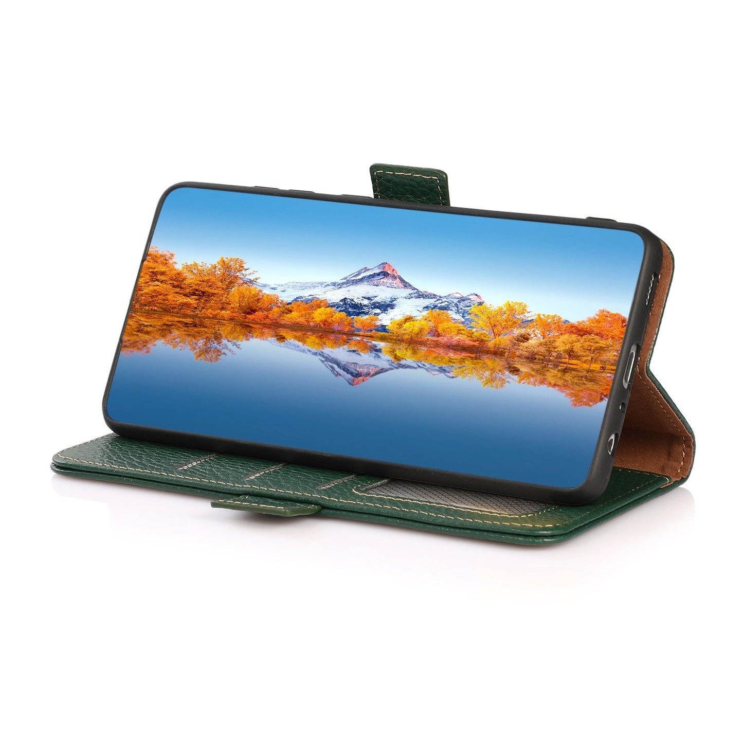 For iPhone 16e KHAZNEH Side-Magnetic Litchi Genuine Leather RFID Case(Green)