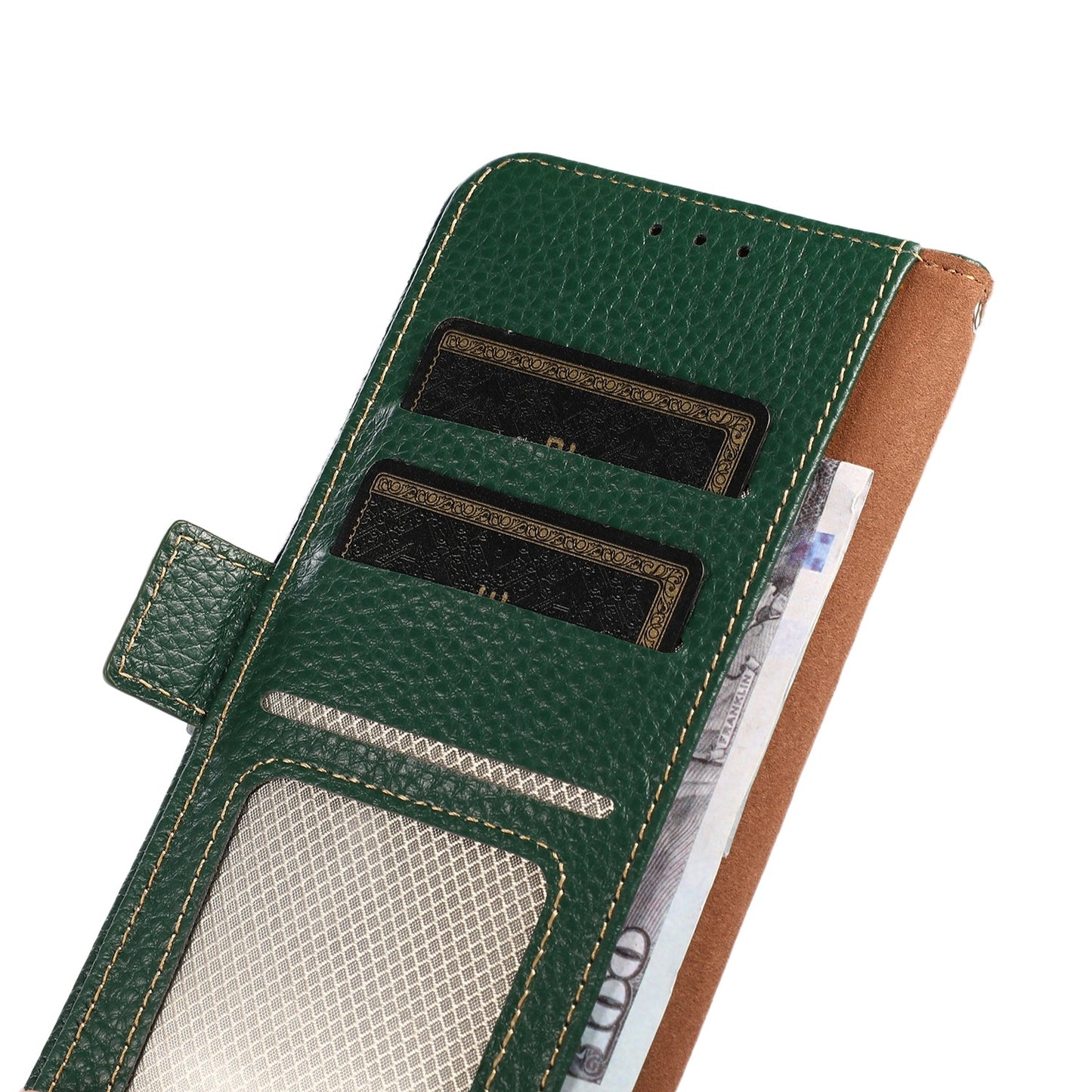 For iPhone 16e KHAZNEH Side-Magnetic Litchi Genuine Leather RFID Case(Green)