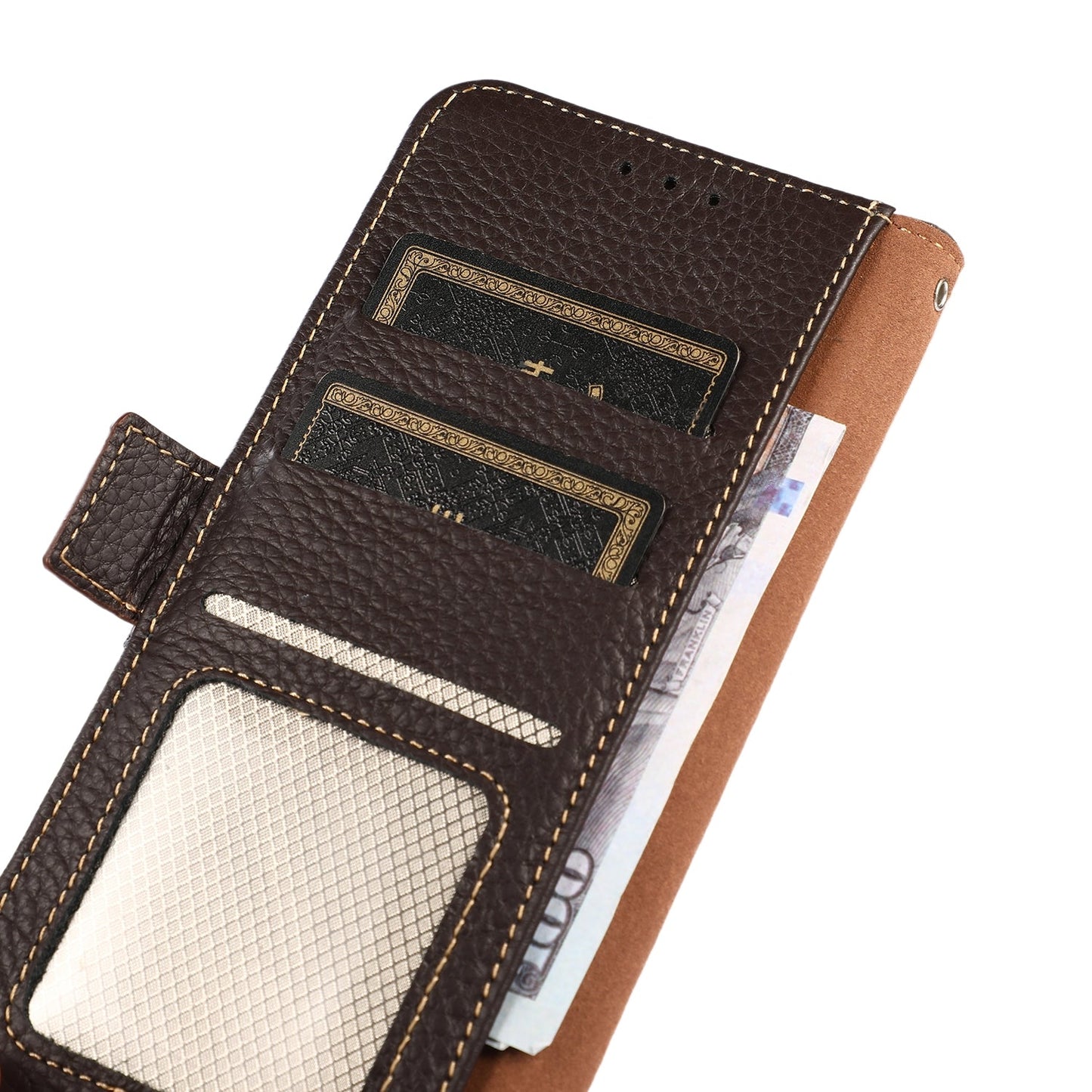 For iPhone 16e KHAZNEH Side-Magnetic Litchi Genuine Leather RFID Case(Brown)