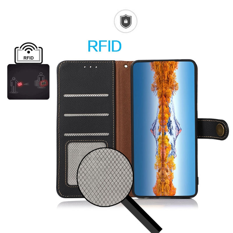For iPhone 16e KHAZNEH Custer Genuine Leather RFID Phone Case(Black)