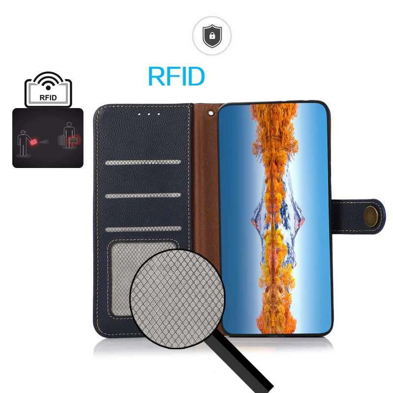 For iPhone 16e KHAZNEH Custer Genuine Leather RFID Phone Case(Blue)