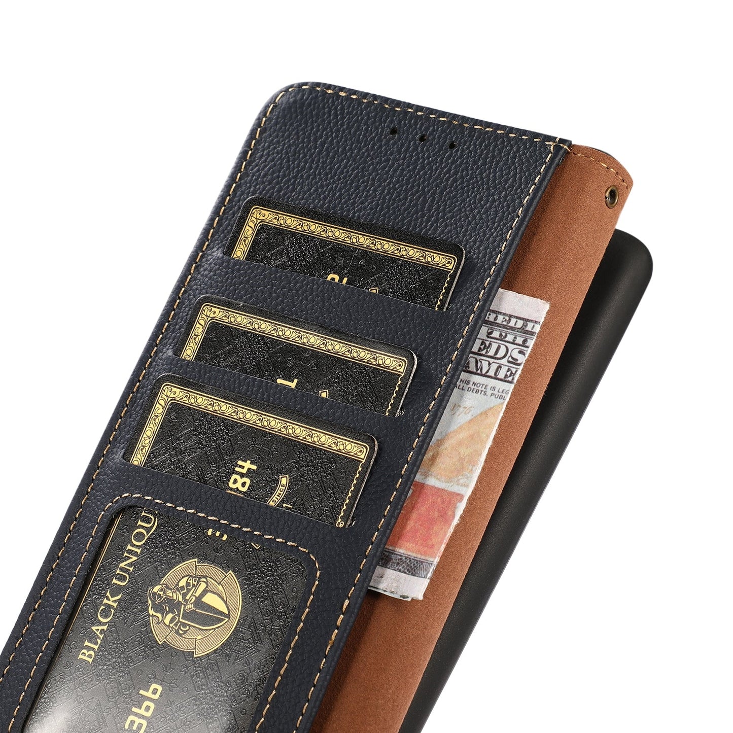 For iPhone 16e KHAZNEH Custer Genuine Leather RFID Phone Case(Blue)