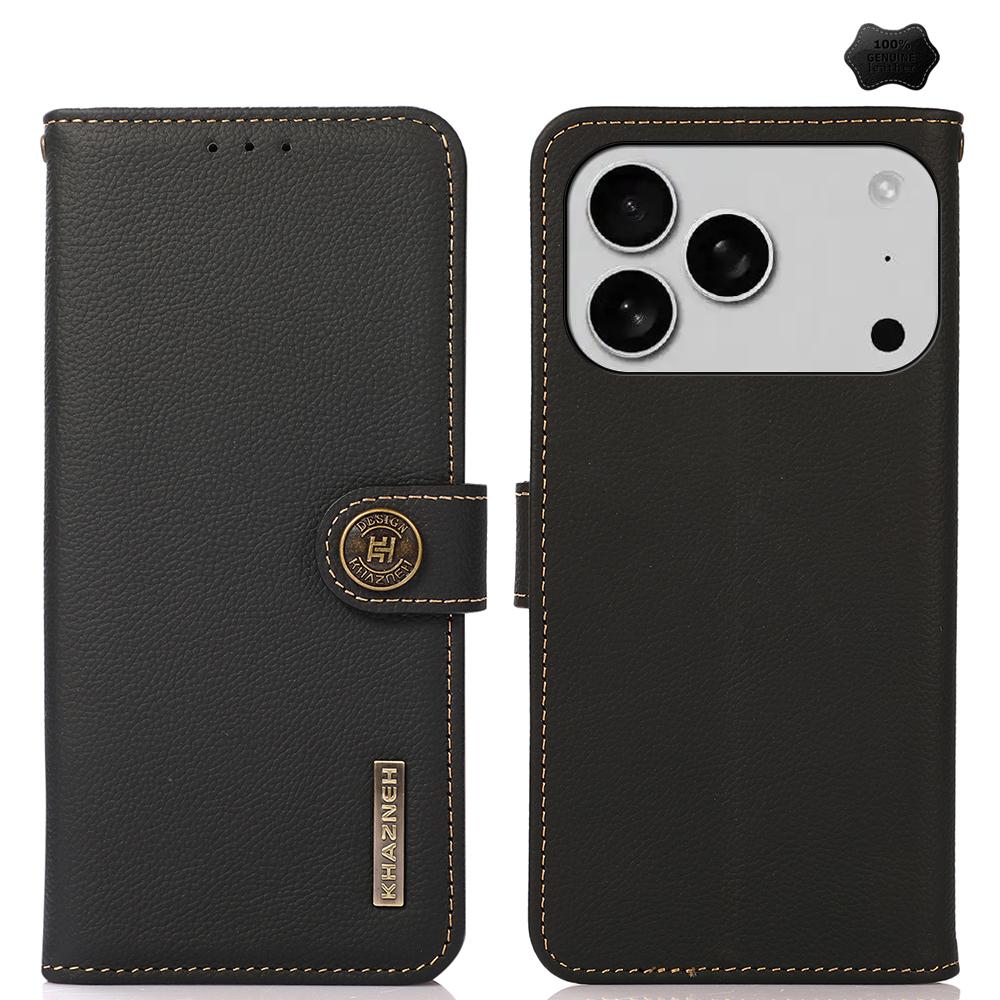 Compatible with iPhone 18 Pro Max & 17 Pro Max KHAZNEH Custer  Leather RFID Phone Case - Black
