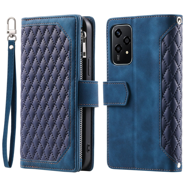 For Honor 200 Lite Grid Texture Zipper Leather Phone Case with Lanyard(Blue)