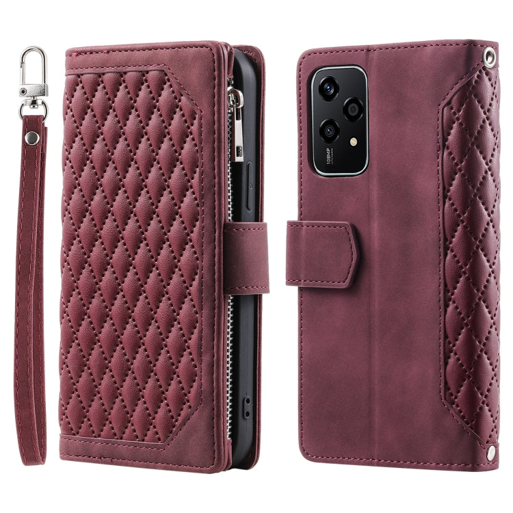 For Honor 200 Lite Grid Texture Zipper Leather Phone Case with Lanyard(Wine Red)