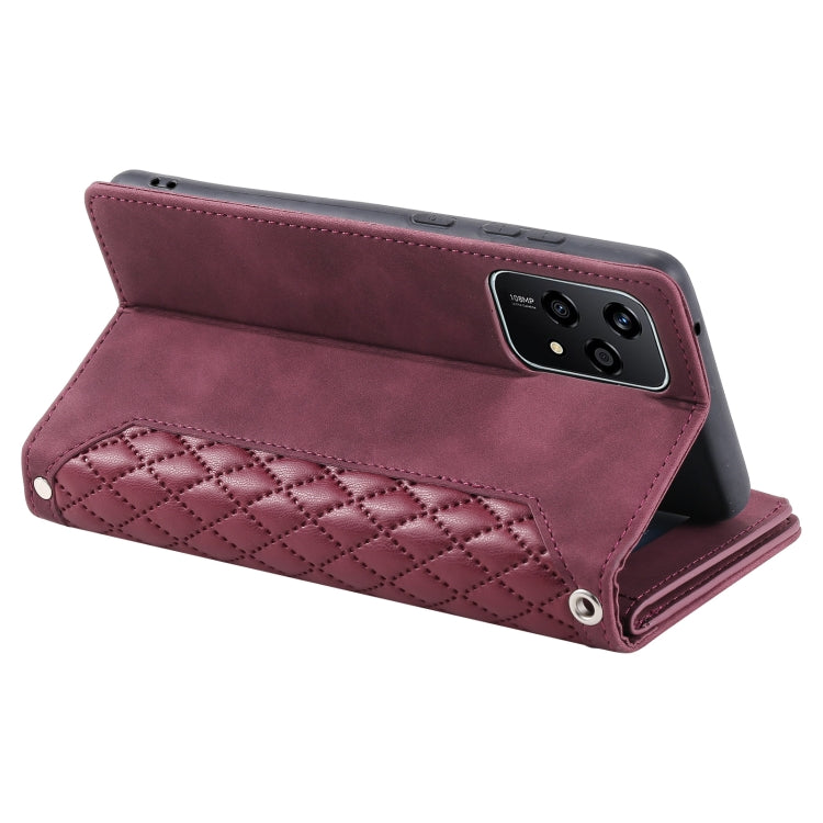 For Honor 200 Lite Grid Texture Zipper Leather Phone Case with Lanyard(Wine Red)