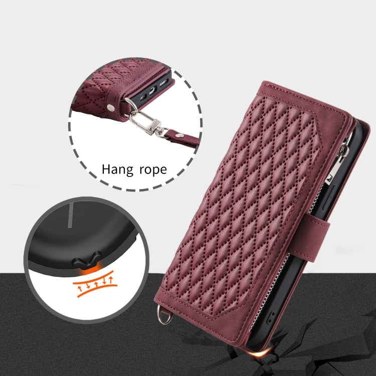 For Honor 200 Lite Grid Texture Zipper Leather Phone Case with Lanyard(Wine Red)