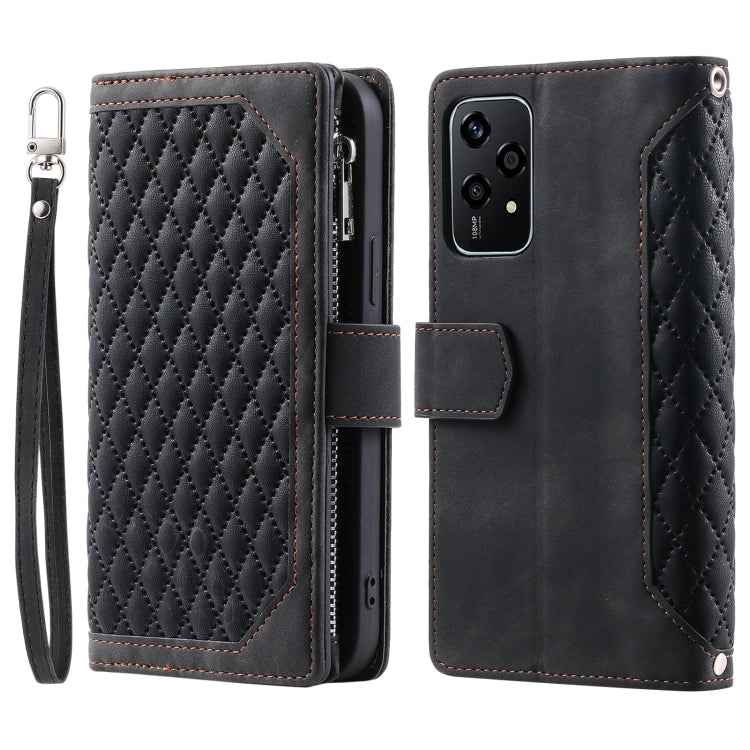 For Honor 200 Lite Grid Texture Zipper Leather Phone Case with Lanyard(Black)