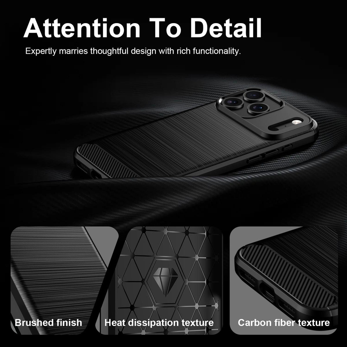 Compatible with iPhone 18 Pro Max Brushed Texture Carbon Fiber TPU Phone Case - Black
