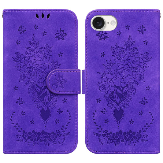 For iPhone 16e Butterfly Rose Embossed Leather Phone Case(Purple)