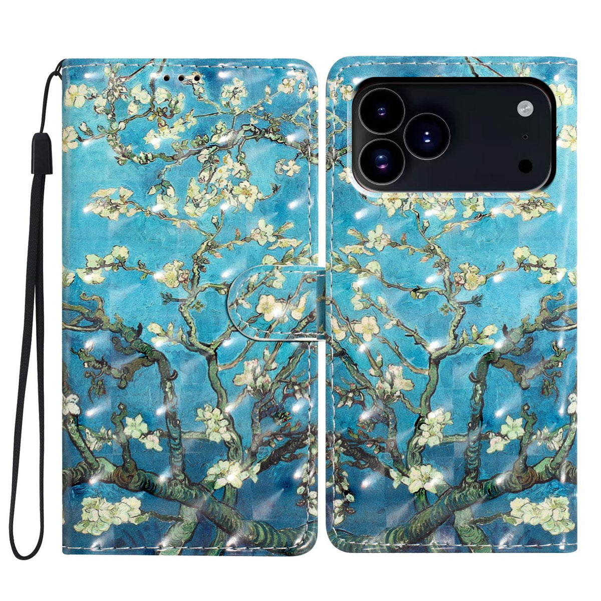 Compatible with iPhone 18 Pro Max 3D Pattern Leather Phone Case - Blue Base Apricot Flower