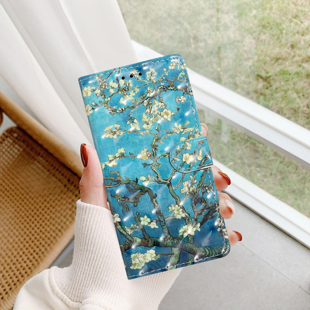 Compatible with iPhone 18 Pro Max 3D Pattern Leather Phone Case - Blue Base Apricot Flower