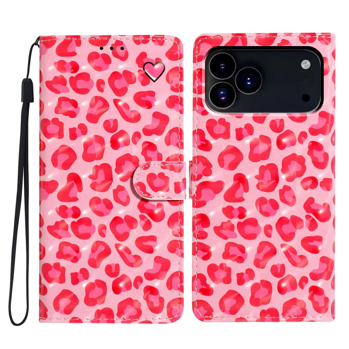 Compatible with iPhone 18 Pro 3D Pattern Leather Phone Case - Pink Leopard Print