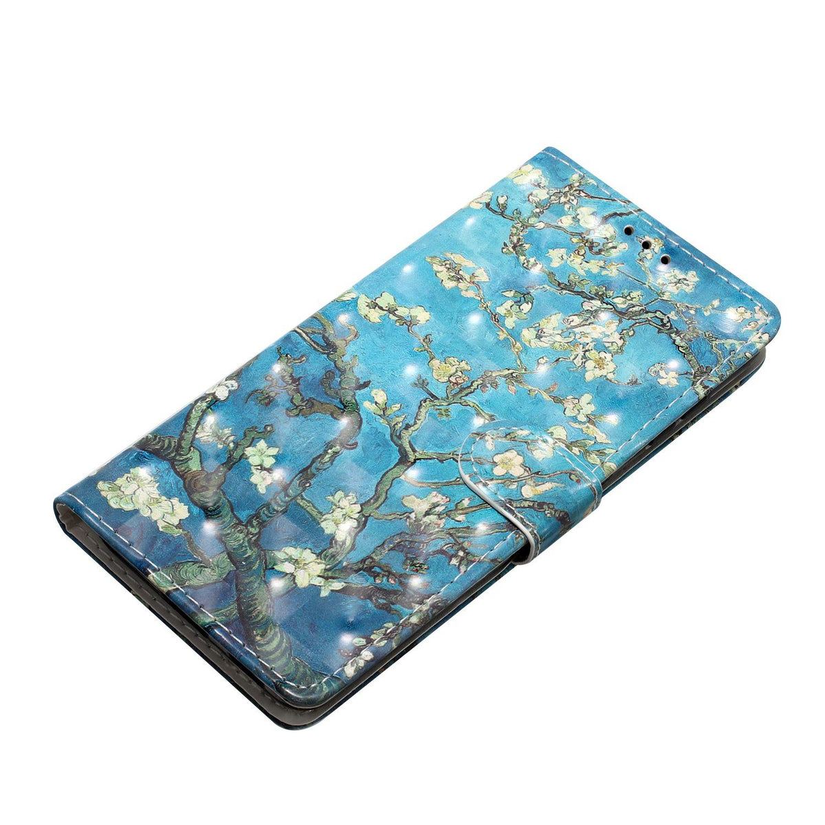 Compatible with iPhone 18 Pro 3D Pattern Leather Phone Case - Blue Base Apricot Flower