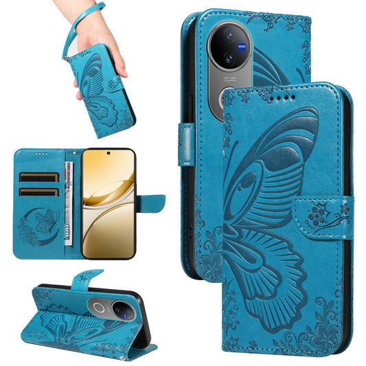 For vivo V50 5G Global Swallowtail Butterfly Embossed Leather Phone Case(Blue)