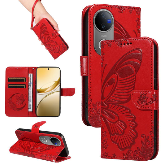 For vivo V50 5G Global Swallowtail Butterfly Embossed Leather Phone Case(Red)