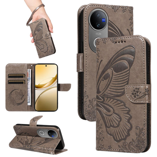 For vivo V50 5G Global Swallowtail Butterfly Embossed Leather Phone Case(Grey)