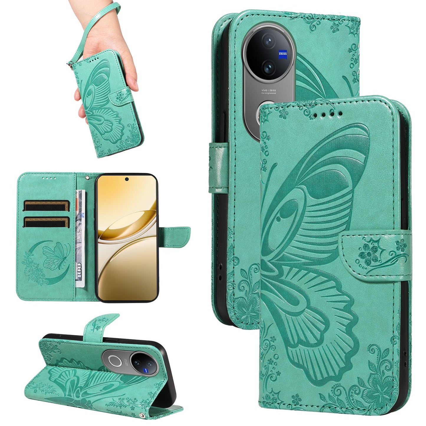 For vivo V50 5G Global Swallowtail Butterfly Embossed Leather Phone Case(Green)