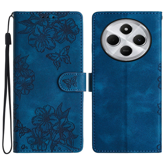 For Redmi 14C 4G Cherry Blossom Butterfly Skin Feel Embossed PU Phone Case(Blue)