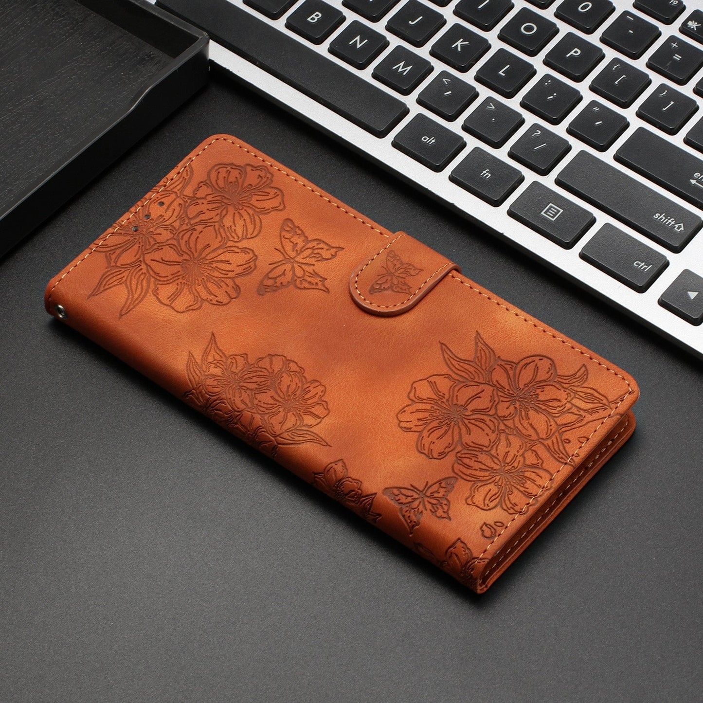 For Redmi 14C 4G Cherry Blossom Butterfly Skin Feel Embossed PU Phone Case(Brown)