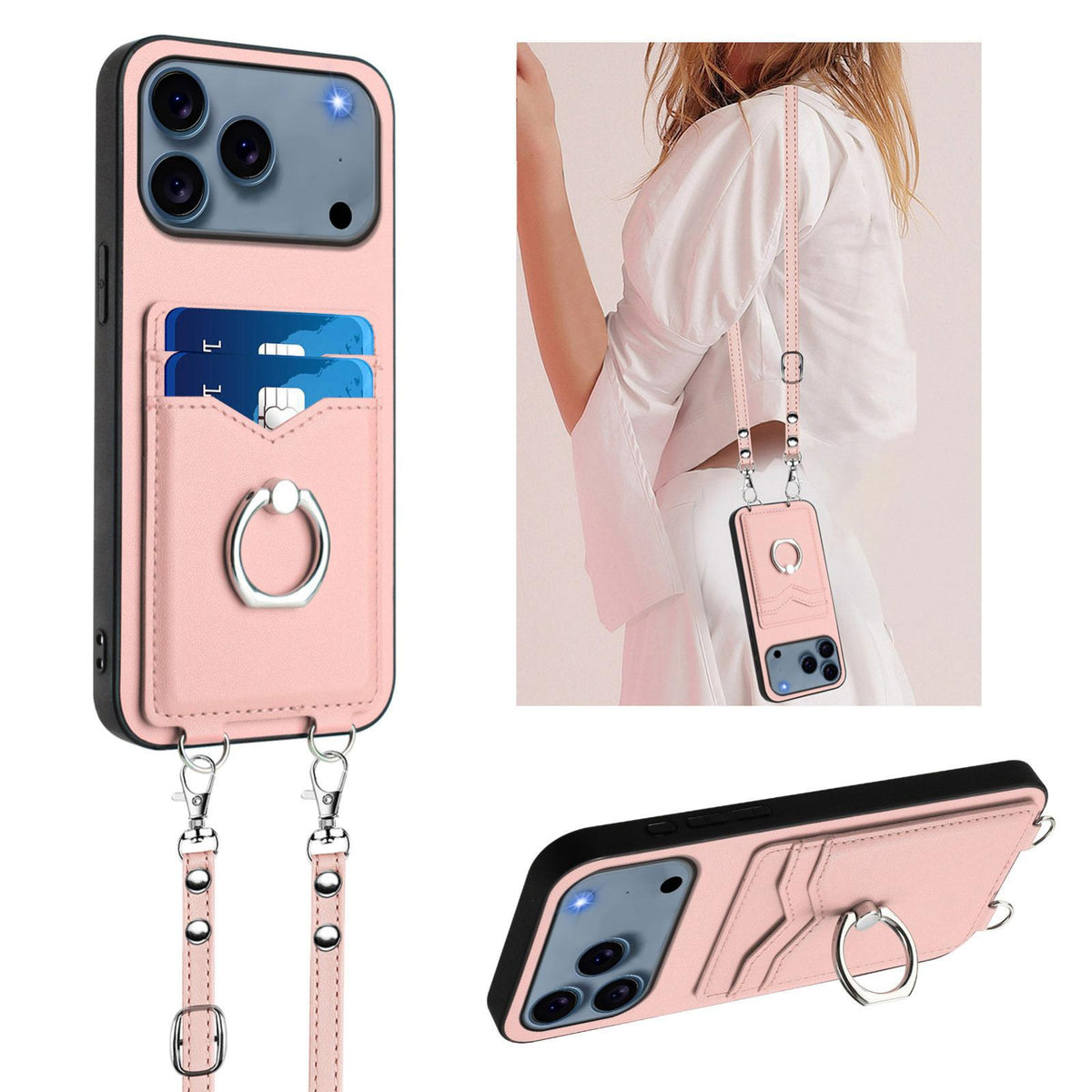Compatible with iPhone 18 Pro Max & 17 Pro Max R20 Crossbody Rope Ring Card Holder Phone Case - Pink