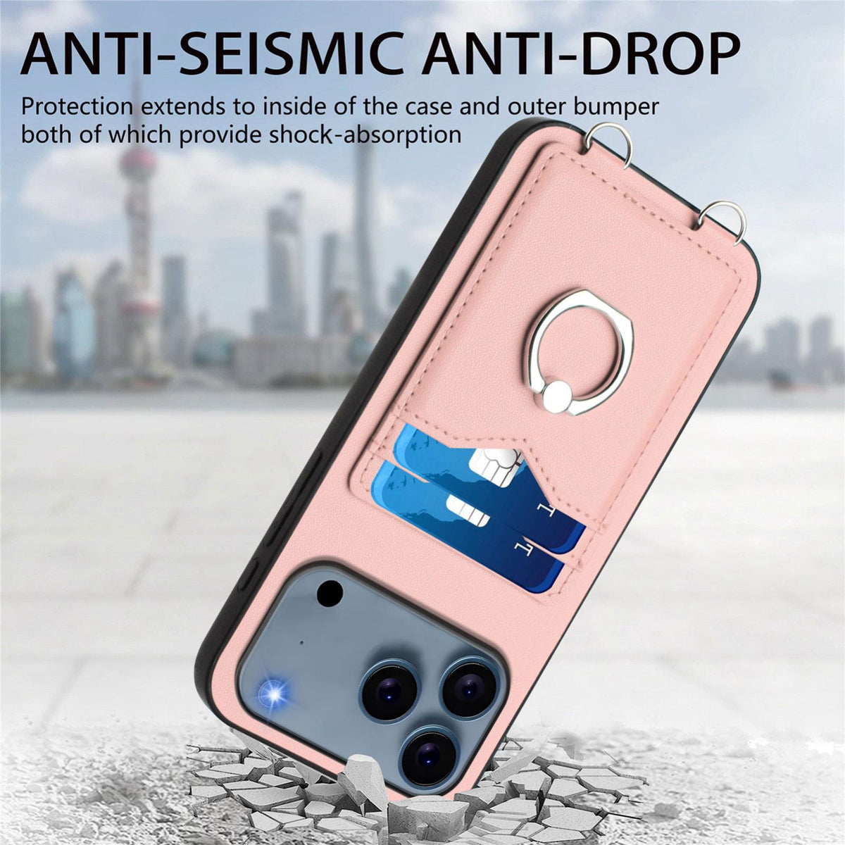 Compatible with iPhone 18 Pro Max & 17 Pro Max R20 Crossbody Rope Ring Card Holder Phone Case - Pink
