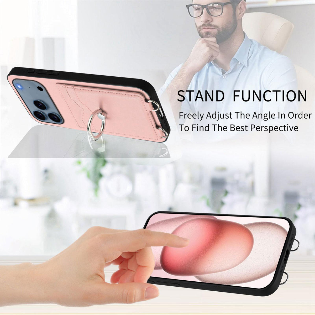 Compatible with iPhone 18 Pro Max & 17 Pro Max R20 Crossbody Rope Ring Card Holder Phone Case - Pink