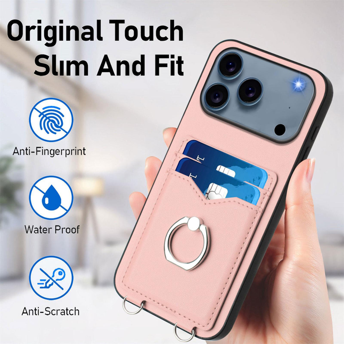 Compatible with iPhone 18 Pro Max & 17 Pro Max R20 Crossbody Rope Ring Card Holder Phone Case - Pink