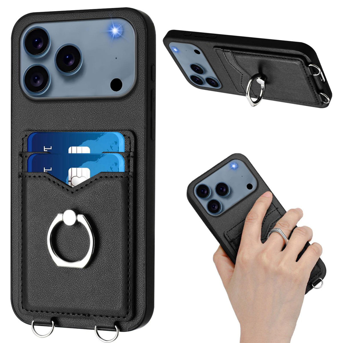 Compatible with iPhone 18 Pro Max & 17 Pro Max R20 Crossbody Rope Ring Card Holder Phone Case - Black