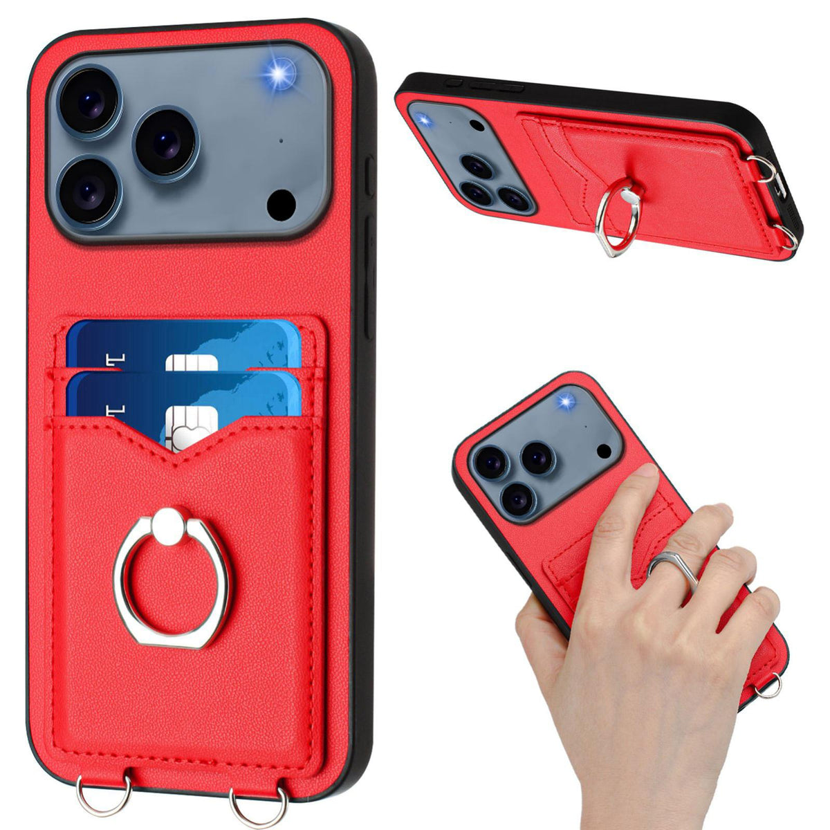 Compatible with iPhone 18 Pro Max & 17 Pro Max R20 Crossbody Rope Ring Card Holder Phone Case - Red