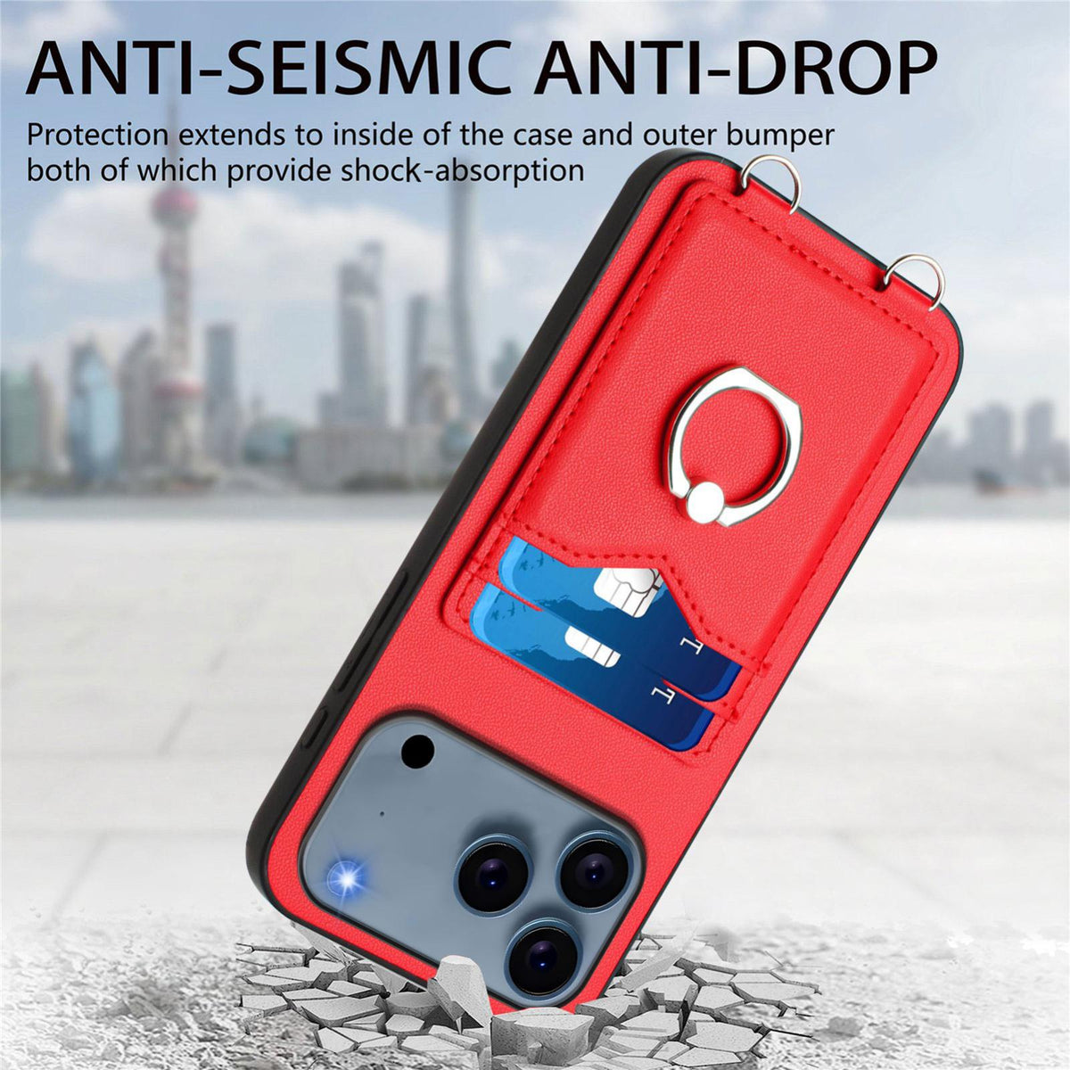 Compatible with iPhone 18 Pro Max & 17 Pro Max R20 Crossbody Rope Ring Card Holder Phone Case - Red