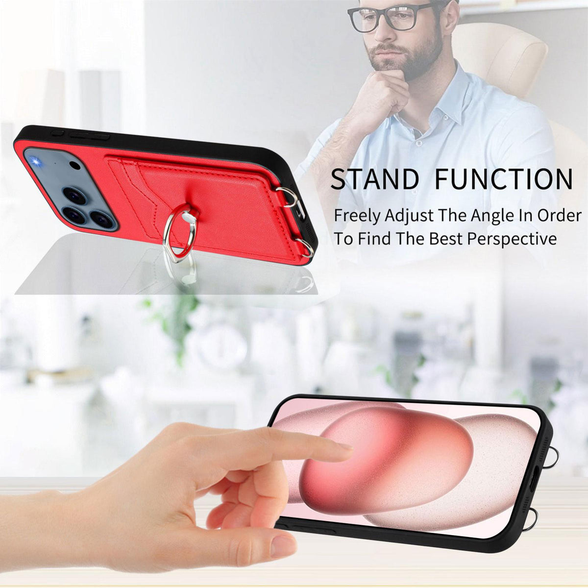Compatible with iPhone 18 Pro Max & 17 Pro Max R20 Crossbody Rope Ring Card Holder Phone Case - Red
